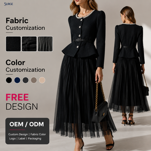 Set Due Pezzi Personalizzato all'Ingrosso per Donna: Top a Maniche Lunghe con Collo a O e Bordo di Perle in Spandex e Poliestere Nero, Gonna Lunga in <span class=keywords><strong>Tulle</strong></span> Plissettato - Product Image 1