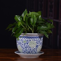 ZHUODI ZD-FP003 Pot Bunga Vintage Keramik Porselen Biru Putih Ramah Lingkungan Tahan Lama Ringan dengan Lubang Drainase dan Sistem Penyiraman Otomatis