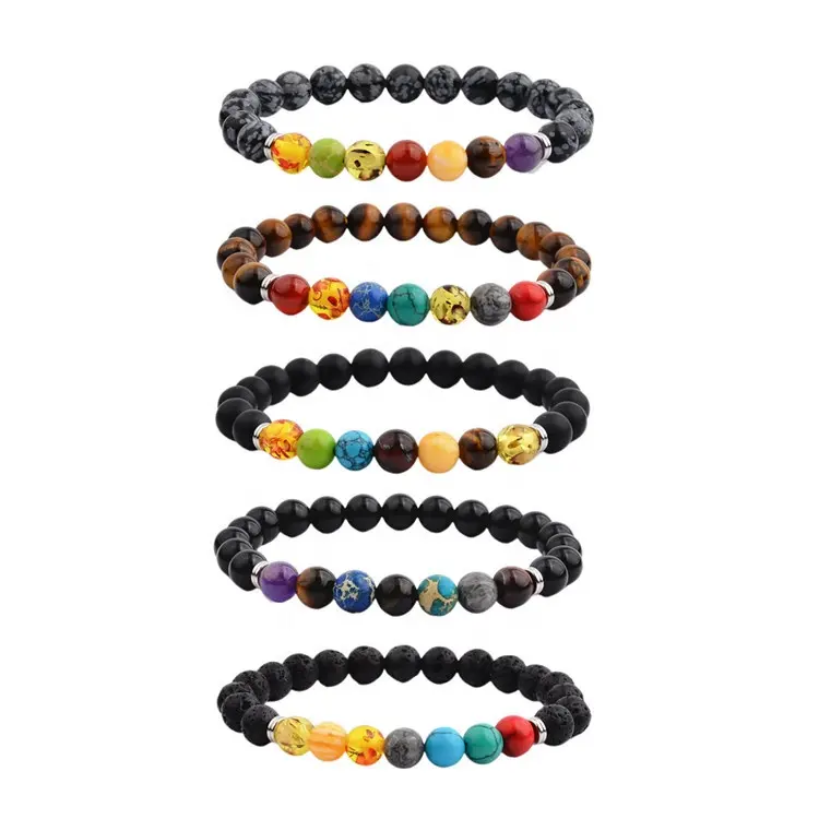 Pulsera de piedras preciosas de Yoga de Color, joyería de moda, piedra de Lava Natural, curativa, 7 Chakras, brazaletes con cuentas