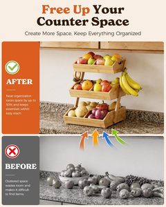 Organiseur à plusieurs niveaux en bambou robuste JQ, panier à <span class=keywords><strong>fruits</strong></span> en bambou à 3 niveaux avec 2 supports pour bananes, pour le pain, les collations, les légumes - Product Image 4