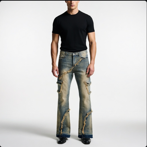 Pantalon évasé <span class=keywords><strong>de</strong></span> style vintage anglais à taille haute respirant Wangsheng, déchirures usées, finition trouée, denim - Product Image 5