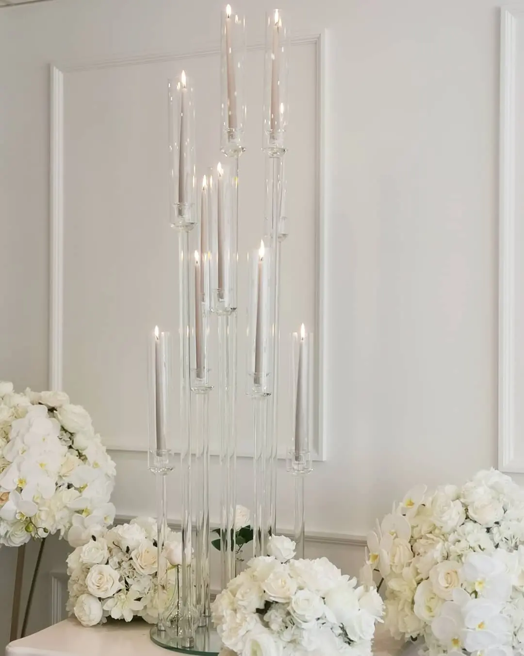 MH-TZ0575 सुरुचिपूर्ण 10 हाथ लंबा ग्लास क्रिस्टल candelabra मोमबत्ती धारकों के लिए centerpieces शादी की मेज सजावट