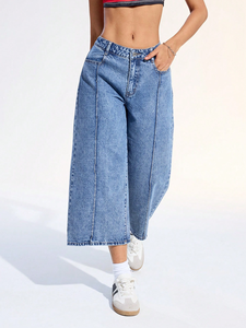 Jeans en denim pour femmes, taille haute, décontractés, personnalisés, <span class=keywords><strong>pantalon</strong></span> large, jambe large - Product Image 4