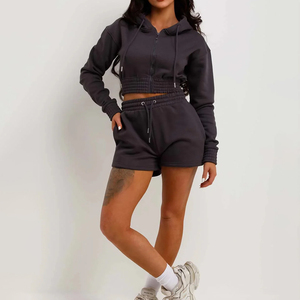 ชุดเซ็ทวอร์มผู้หญิงคุณภาพสูง 2 ชิ้น แบบมีซิป ฮู้ด ลายเรียบ สำหรับฤดูหนาว กางเกงจ็อกเกอร์ยาวถึงเข่า พร้อมกางเกงขาสั้นผ้าฝ้าย รับสกรีนโลโก้ - Product Image 1