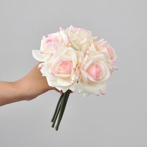 Artificial Silk Pink White Real Touch Floral Baby Breath Artificial 5 Head Rose Bouquet Real Touch Latex Roses Flowers - Product Image 4