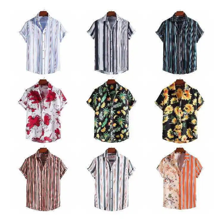 Camiseta com estampa floral para homens, camiseta com estampa de manga curta para venda no atacado, moda praia masculina