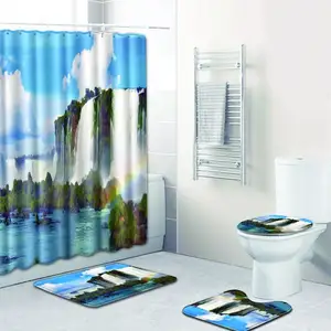 4PCS Set Pemandangan Alam Kamar Mandi Karpet Tutup Penutup Toilet dan 3D Hutan Air Terjun Shower Tirai Mat Set
