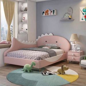 Lit d'enfant moderne au design dinosaure, structure en bois robuste, tête de lit rembourrée en coton confortable, taille complète pour chambre d'enfant - Product Image 4