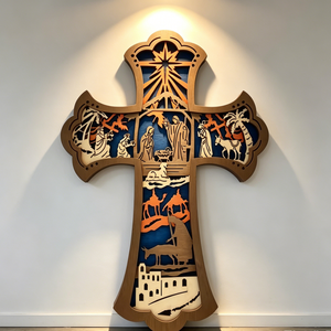 Décoration murale de Noël originale en forme de croix, 9 pouces, en bois sculpté, art mural religieux, ornement de Noël en bois en forme de croix de la Nativité - Product Image 3