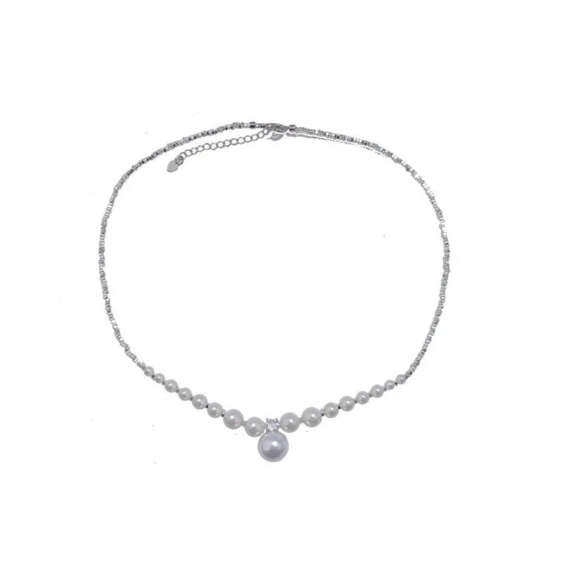 Asli terbaru shiny S925 perak Sterling platinum berlapis hancur perak scrops dengan ibu dari shell Pearl choker kalung jewe