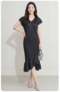 PY 2026 Novedades Vestido Casual Ecológico Plisado para Mujer, Moda con Cuello Redondo, Texturizado, Elegante, con Volantes, Largo hasta la Rodilla, Cintura Natural - Product Image 4