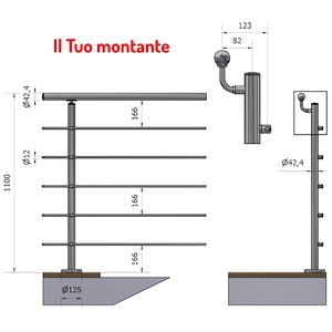 Main courante décalée verticale P110130-5XA4 de 42.4mm pour 5 poutres transversales finition satinée AISI 316 balustrades mains courantes hauteur du sol fixe - Product Image 1