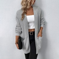 Cardigan à manches longues en mélange de laine acrylique pour femmes automne-hiver pull en tricot décontracté en peluche de couleur unie avec conception de poche