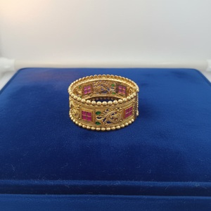 DIVYORO Elegant Detailed Antique Gold Hinged <b>Bangle</b> with Gemstone Accents and Enamel Work Handmade Ethnic Jewelry - Product Image 1