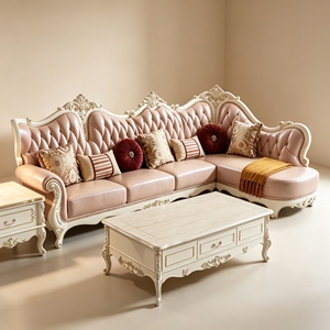 Divano Sezionale in Legno Massello Intagliato Stile Europeo di Lusso, Divano a L in Pelle per Soggiorno di Villa, Hall di Hotel, Arredamento <span class=keywords><strong>Casa</strong></span> - Product Image 6