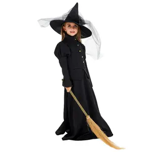 Disfraz de Halloween de lujo para niños, disfraces de escenario, vestido negro de bruja Glinda, vestido de Cosplay de fiesta con sombrero de encaje negro