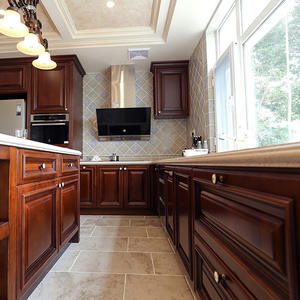 Gabinete de cocina en forma de L moderno de diseño personalizado, gabinetes modulares de madera de cerezo estilo granja, madera maciza Natural para cocinas - Product Image 1