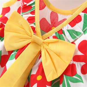 Precio al por mayor Vestido de verano para niñas con lazo, estampado completo, corto por delante y largo por detrás, con volantes, para niñas de las flores y bebés - Product Image 6