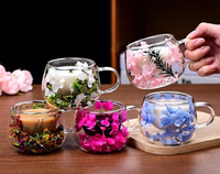 Mug en verre borosilicate soufflé à la main à double paroi avec intercouche de fleurs séchées, résistant à la chaleur, 130 ml, anti-fuite