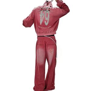 Custom Logo High Quality Vintage Washed Sun Faded Hoodie <strong>Set</strong> 100% Cotton Sun Faded Sweatpants Streetwear Tracksuit For Winter