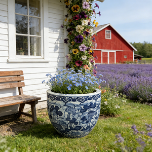 Blue-White Hand-Painted Planter <strong>Pot</strong> Lotus &amp; <strong>Fish</strong> Motifs Antique Decor Flower <strong>Pot</strong> - Product Image 5