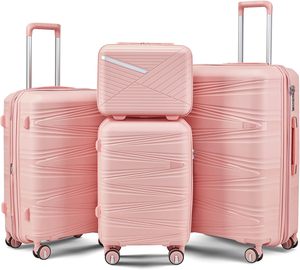 Ensembles de bagages de voyage en PP rigide, coque rose côtelée, prêts pour l'audit d'usine, fabricant, poignée de transport, assortiment en stock - Product Image 1