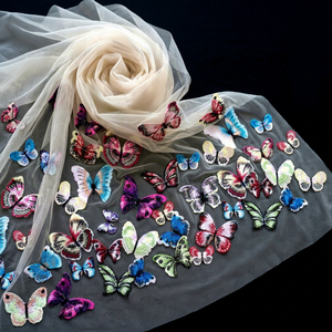 Tissu en tulle brodé de dentelle en polyester, motif papillon ombré multicolore métallisé, couleur ivoire, pour doublure de vêtements de mariage, de danse et de maillots de bain - Product Image 1
