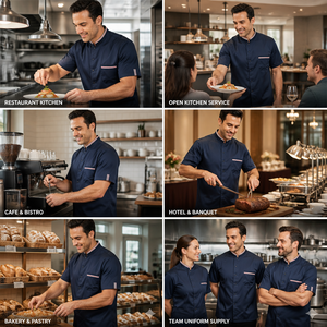 Veste de chef à manches courtes pour homme, bleu marine, col montant, simple boutonnage, uniforme de cuisine pour restaurant, café, hôtel, logo personnalisé - Product Image 3