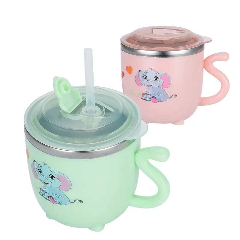 Custom Steel Baby Sippy Cup dengan Bentuk dengan Double Handle Silicone Bayi Anak