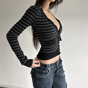 <b>Womens</b> Striped Color Block <b>V</b> <b>Neck</b> Button Front Cropped Long Sleeve Slim Fit Digital Printing <b>T</b> <b>Shirt</b> Streetwear Casual Top - Product Image 2