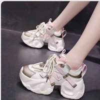 Baskets roses et blanches pour filles, en cuir et métallique, à lacets, semelle ondulée antidérapante, chaussures décontractées tendance, vente en gros OEM ODM