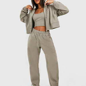 Ensemble de survêtement décontracté pour femme, hiver, à cordon de serrage, à capuche, uni, respirant, séchage rapide, 2 pièces, bomber surdimensionné - Product Image 1
