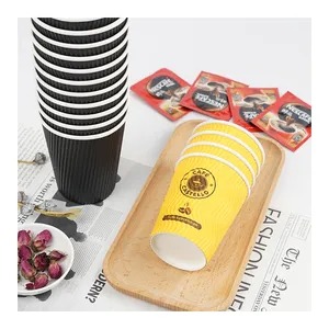 8oz 12oz Black Yellow Corrugated Disposable Ripple Wall Coffee Paper Cup with Lids