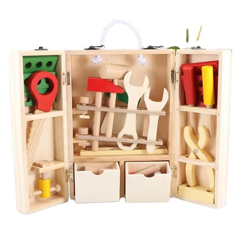 صندوق أدوات إصلاح للأطفال من الخشب صندوق إكسسوارات ألعاب تعليمية ألعاب بناء DIY تحاكي ألغاز محمولة للأطفال