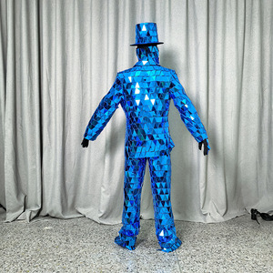 Costume de danseur de scène Richshining pour bar et spectacle, avec chevalettes dorées, miroir, pour homme et <span class=keywords><strong>femme</strong></span>, bleu, avec chapeau et gants - Product Image 5