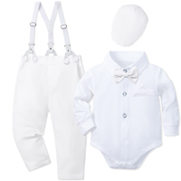 Nouveaux ensembles de vêtements pour bébé garçon, tenues de baptême pour nourrissons, combinaisons de baptême pour garçon, 0-24 mois, barboteuse blanche, nœud papillon, pantalon à bretelles