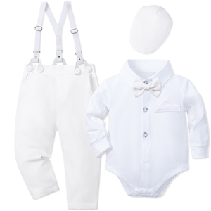 Nouveaux ensembles de vêtements pour bébé garçon, tenues de baptême pour nourrissons, combinaisons de baptême pour garçon, 0-24 mois, barboteuse blanche, nœud papillon, <span class=keywords><strong>pantalon</strong></span> à bretelles - Product Image 1