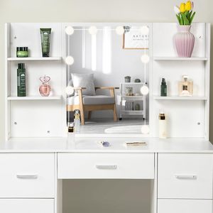 <span class=keywords><strong>Commode</strong></span> de chambre à coucher <span class=keywords><strong>en</strong></span> laque blanche haut de gamme avec fonction LED et miroir sur pied Coiffeuse de rangement de luxe moderne <span class=keywords><strong>en</strong></span> bois - Product Image 1