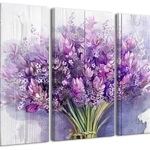 3 Piece Purple Lavender on the Wood Grain Background Canvas Print Nature Scenery Wall Art for Living Room