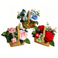 Panier à fleurs en crochet fait main en gros, avec poignée en bambou, panier cadeau en laine rose, 4 couleurs, décoration d'Halloween, haute qualité