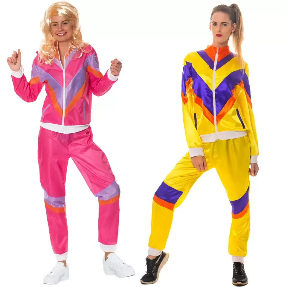 Womens Ladies 80S Shell Terno Agasalho Rosa & Amarelo Fancy Dress Costume Outfit