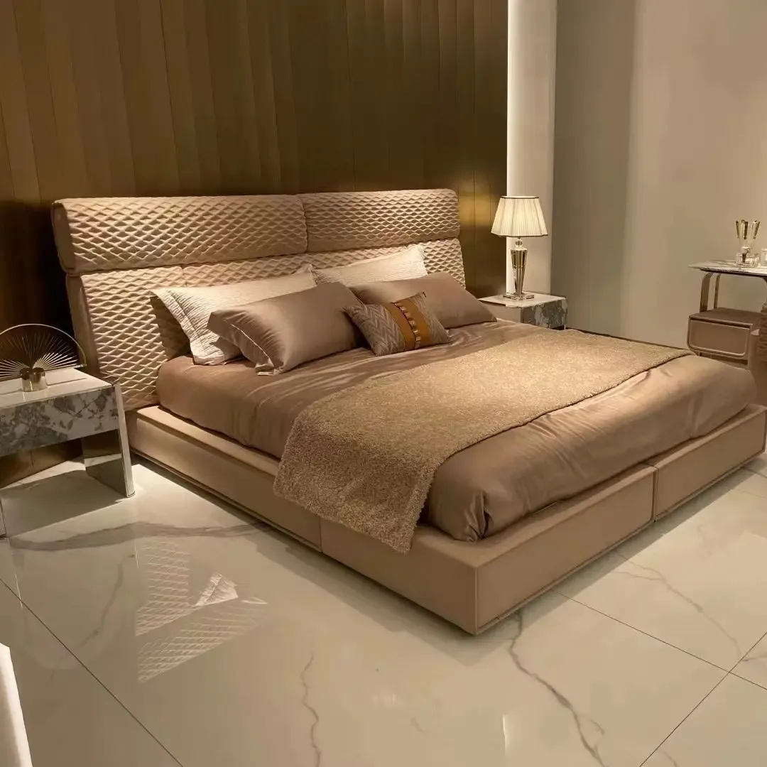 ODM moderner Schlaf-Round-Bettrahmen Luxuriöses Ledder-Round-Kopfteil Doppel-Schlafzimmermöbel in voller Größe