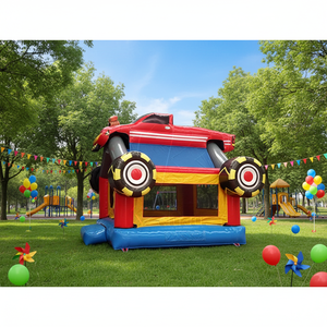 Château gonflable Monster Truck Rally avec roues jaunes vives et toboggan bleu pour les fêtes d'enfants en plein air et les divertissements en parc - Product Image 2