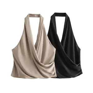 PB&ZA Women 2024 spring New Fashion Silk satin hanging neck Tank Tops Vintage Backless Thin Straps Female Camis Chic Tops