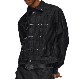 Vestes en denim brut à panneaux personnalisées pour hommes, fermeture à fermoir métallique vintage, manteaux décontractés Y2K, vêtements d'extérieur plissés pour hommes - Product Image 4