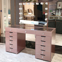 Table de maquillage rose de luxe avec miroir LED et haut-parleur Bluetooth, table de toilette à 13 tiroirs pour chambre à coucher