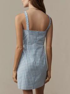 Robe mini en coton à carreaux pour femmes, robe sans manches à volants, robe décontractée pour l'été, style preppy, robe en coton à carreaux bleus - Product Image 4