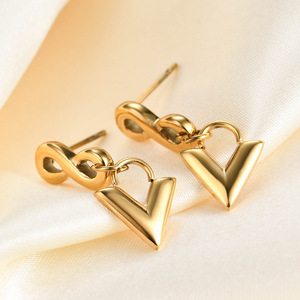 Geometric Gold Steel <b>Stud</b> <b>Earrings</b> 28Mm V Shape Infinity Design Fashion Jewelry - Product Image 1