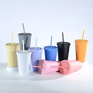Vaso de doble pared reutilizable de plástico a granel sin BPA, 16oz, color lila Pastel mate con tapas y pajitas para regalos de vinilo DIY
