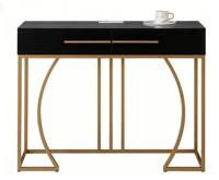 Table console de luxe contemporaine en MDF avec plateau en bois, étagère de rangement et pieds en métal thermolaqué doré, écologique pour la maison
